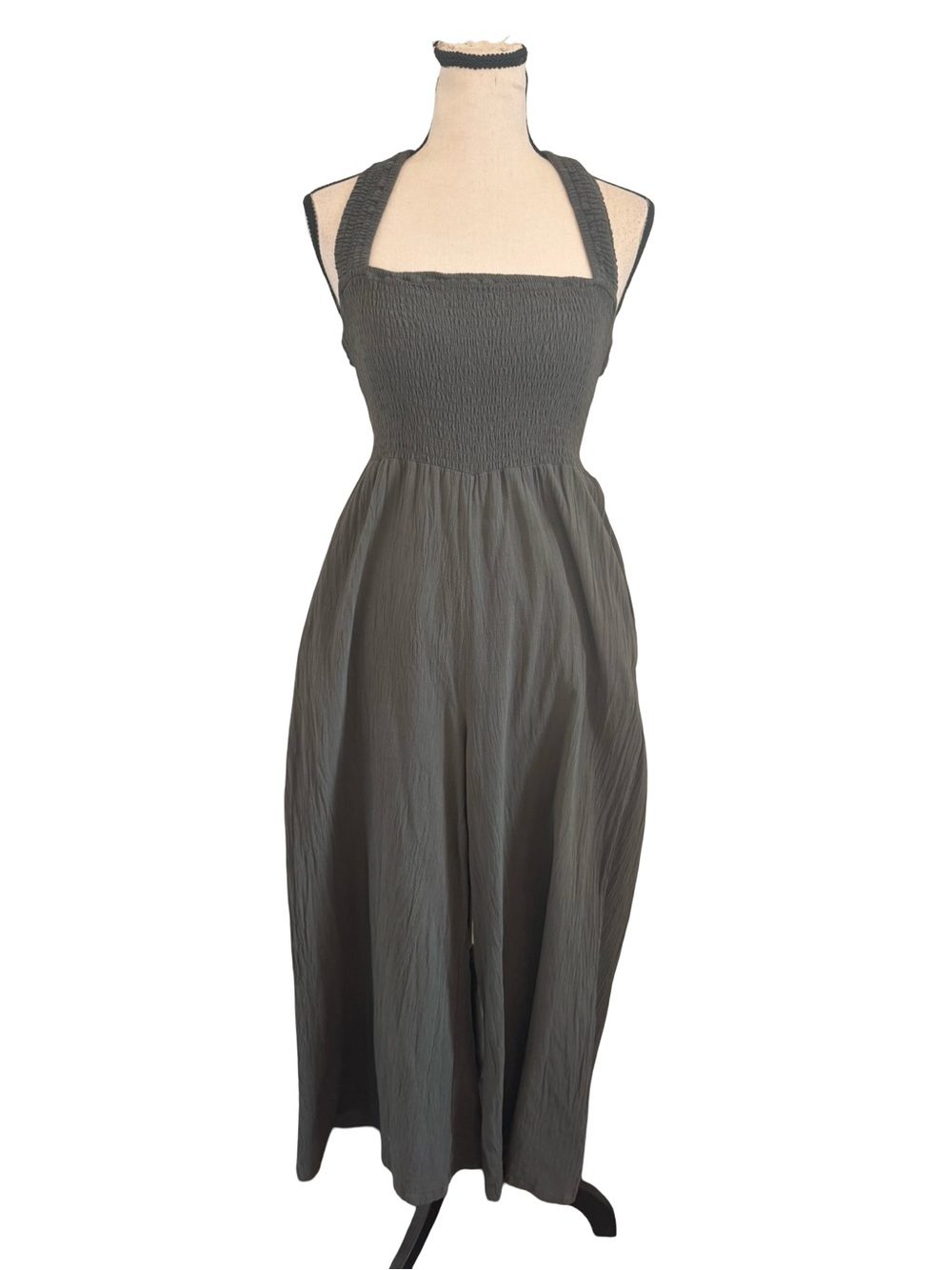 Lush Moss Green Smocked Halter Wide Leg Jumpsuit Open Back Tie Small Pockets